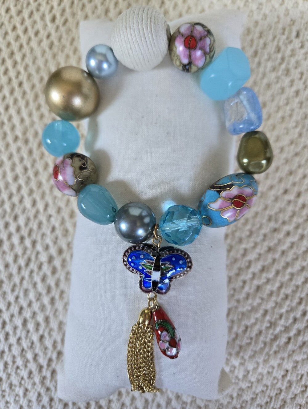 B-102-Turquoise  Cloissone Bead Bracelet with Blue Butterfly Charm